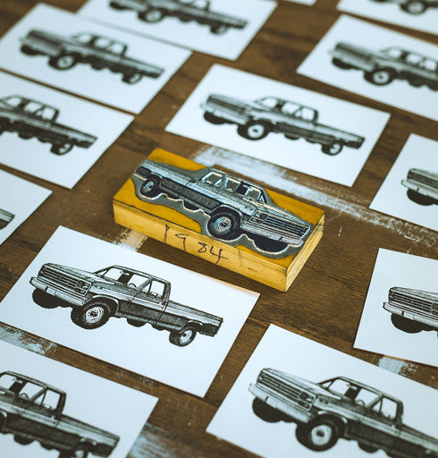 Black "Lucky Truck" Block Print - Vintage Woodblock