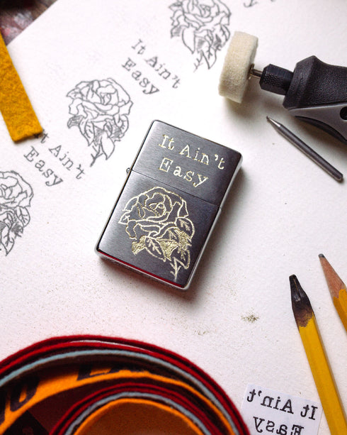 "It Ain't Easy" Zippo - Hand-Engraved Lighter (Brushed Chrome)